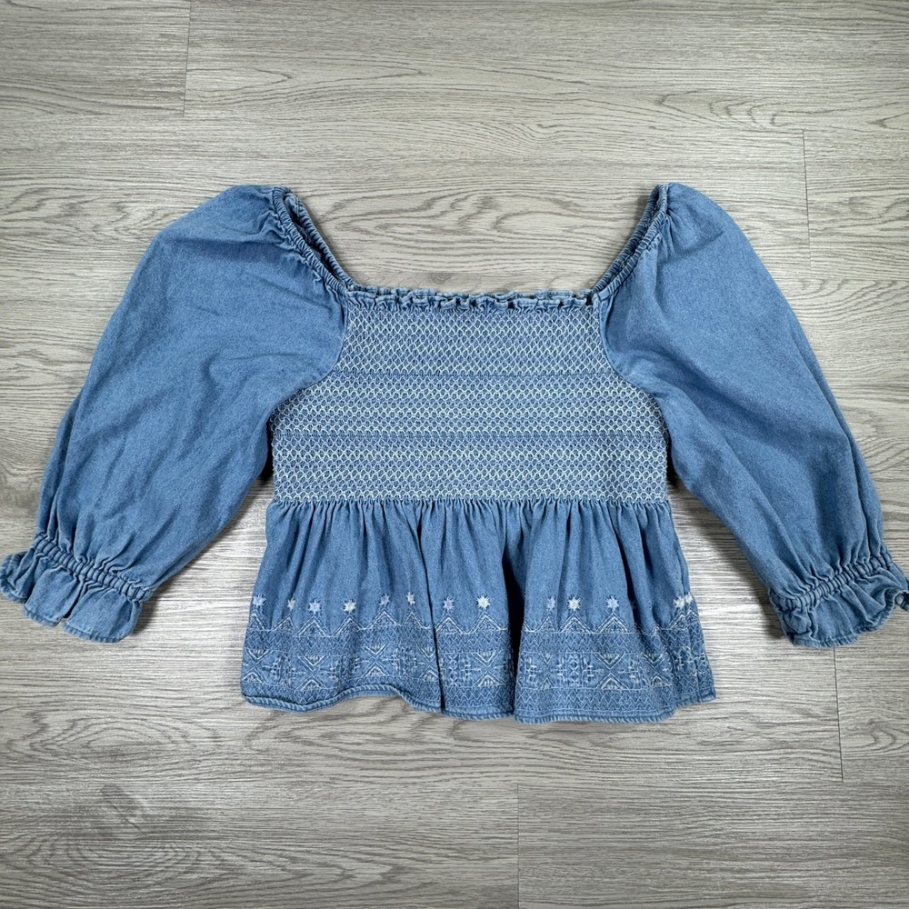 American Eagle Women Blouse Smocked Denim Puff Sleeve Blue Small Boho Peplum Top